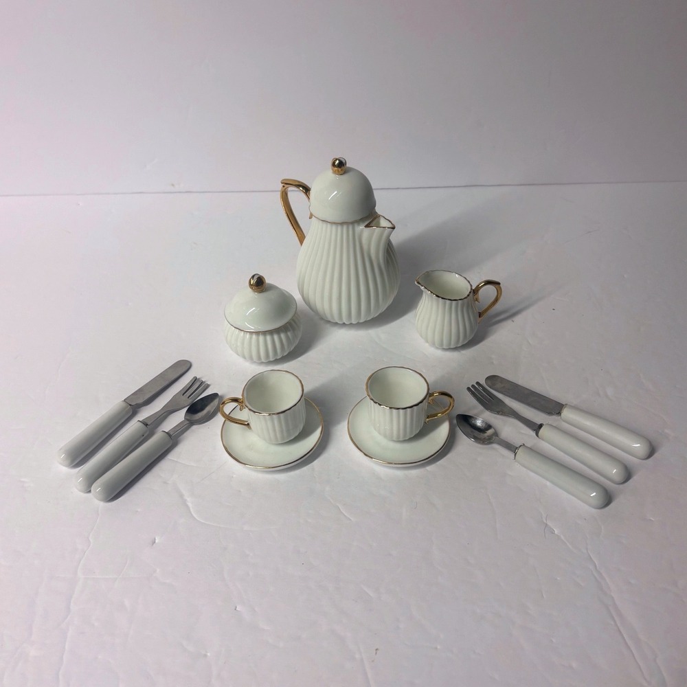 Miniature Porcelain Tea Set White Ribbed Gold Trim Teapot Cups Flatware